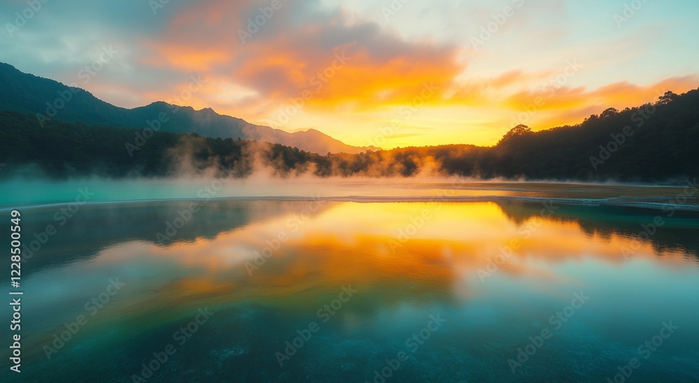 Fototapeta premium Majestic sunrise over a tranquil hot spring lake surrounded by mountains