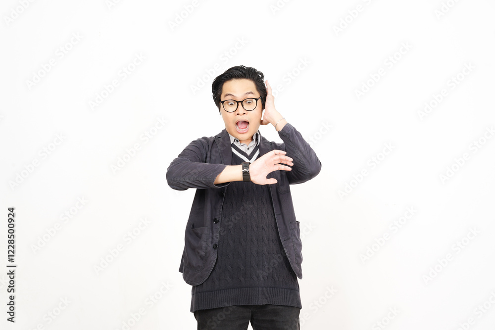 Surprised Man Checking His Watch, Late Of Handsome Asian Man Isolated On White Background