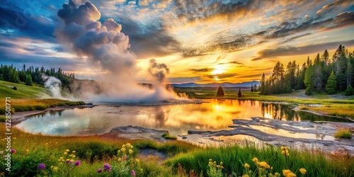 Wallpaper Mural Serene Sunset Landscape Featuring a Geothermal Spring Erupting Steam Against a Vibrant Sky Torontodigital.ca