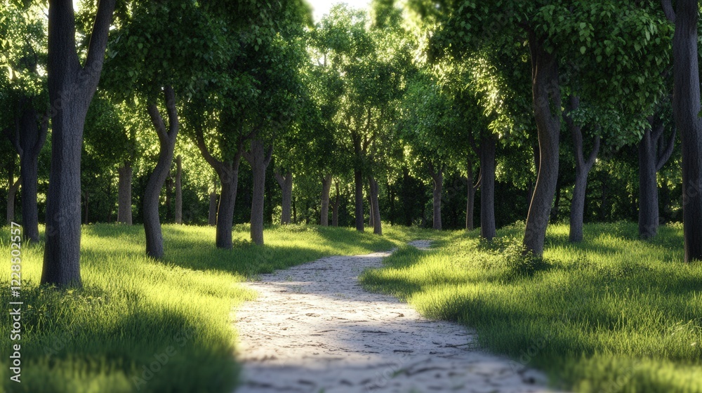 Serene forest path winding through lush greenery under soft sunlight, evoking tranquility Serene forest path winding through lush greenery under soft sunlight, evoking tranquility