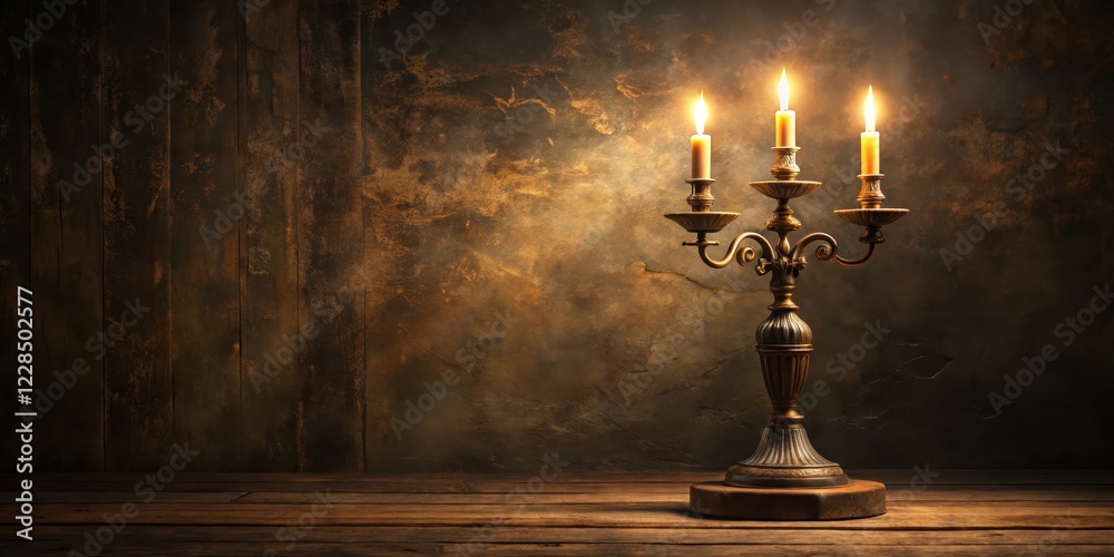 Dark wood background with a solitary candelabra on a worn stone pedestal lit by soft golden light, dimly lit, peaceful setting Dark wood background with a solitary candelabra on a worn stone pedestal lit by soft golden light, dimly lit, peaceful setting