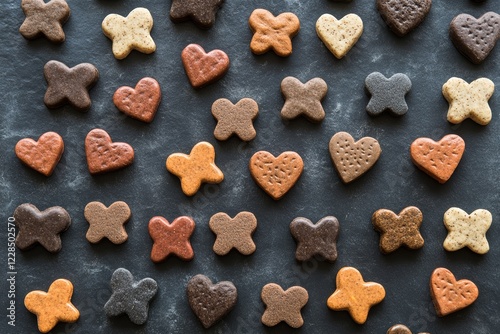 Assorted heart and clover-shaped cookies on dark background