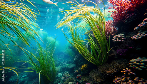 An underwater garden filled with swaying sea plants, colorful corals, and gentle ocean currents photo