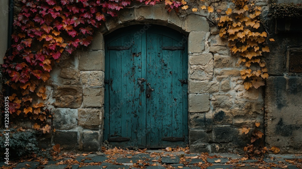 Vibrant Stone Building with Green Door and Autumn Ivy Leaves Vibrant Stone Building with Green Door and Autumn Ivy Leaves