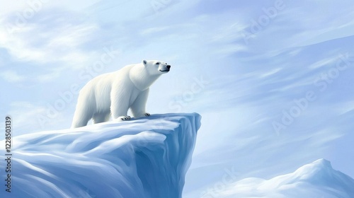 Majestic polar bear standing on a snowy ice peak, gazing into the vast Arctic landscape