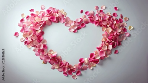 Delicate rose petals falling gently from a stem, forming a heart shape , nature, romance,  nature, romance