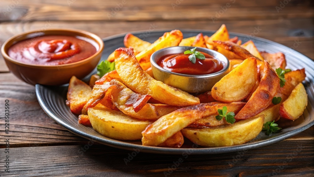 Crunchy golden fried potato wedges on a plate with crispy bacon and a side of tangy ketchup Crunchy golden fried potato wedges on a plate with crispy bacon and a side of tangy ketchup