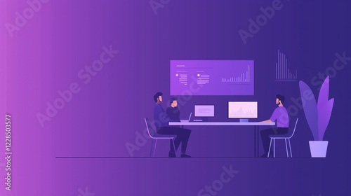 team of professionals collaborating in modern office with data charts displayed