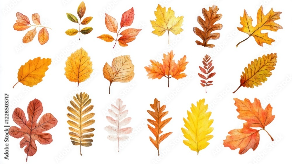 Obraz premium Watercolor autumn leaves collection isolated on white background.
