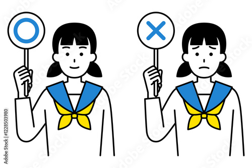 ○×マークのプラカードを上げる女子学生