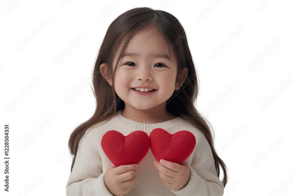A Child Holding Red Plush Hearts for Valentine's Day on Transparent Background A Child Holding Red Plush Hearts for Valentine's Day on Transparent Background