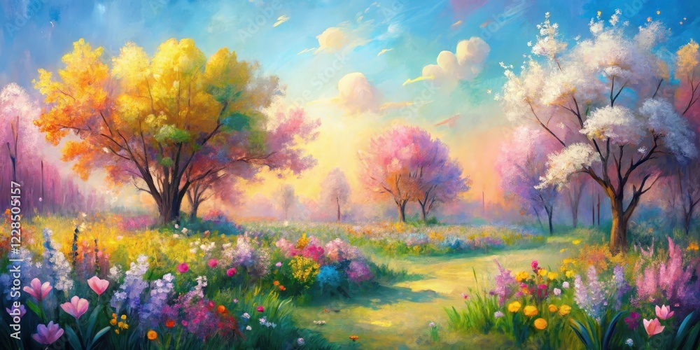 Fototapeta premium Vibrant Spring Meadow Landscape Featuring Colorful Blossoms and Trees Under a Pastel Sky
