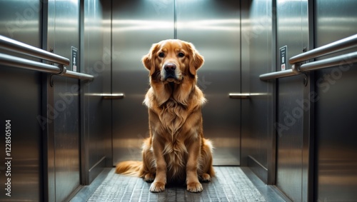 Golden retriever dog in elevator indoor animal photo urban environment front view pet adventure