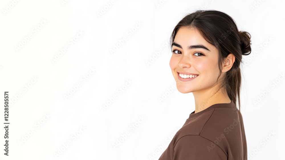 Australian young woman wearing brown clothes smiling isolated on white background Australian young woman wearing brown clothes smiling isolated on white background