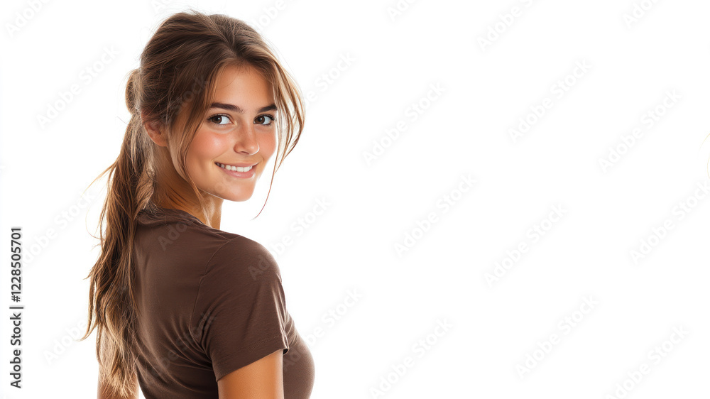 Australian young woman wearing brown clothes smiling isolated on white background Australian young woman wearing brown clothes smiling isolated on white background