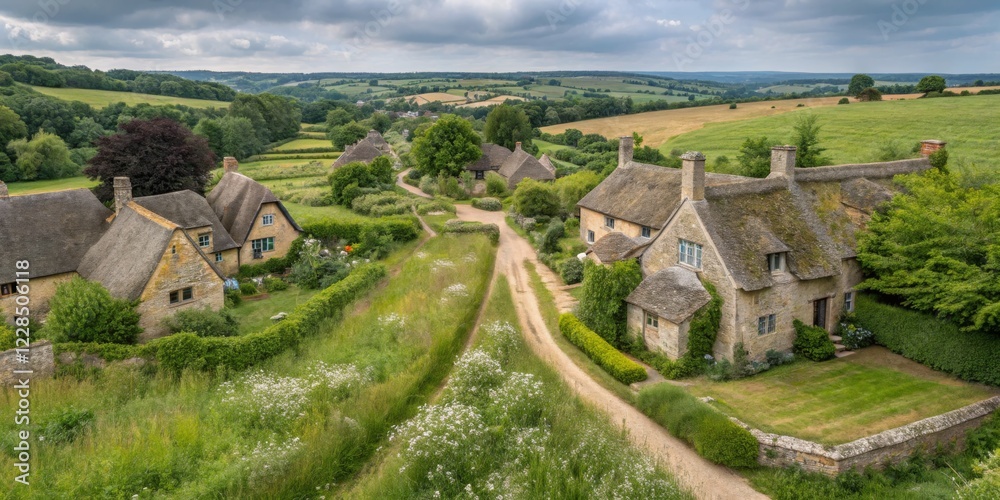 Naklejka premium Peaceful countryside village with thatched roof houses and lush greenery under a cloudy sky in the afternoon light