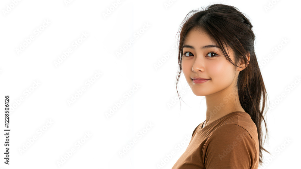 Chinese young woman wearing brown clothes smiling isolated on white background Chinese young woman wearing brown clothes smiling isolated on white background
