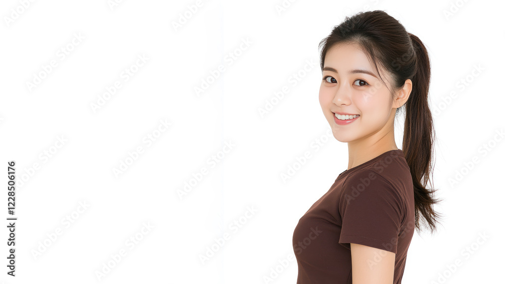 Chinese young woman wearing brown clothes smiling isolated on white background Chinese young woman wearing brown clothes smiling isolated on white background