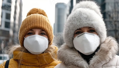 Air pollution pm2.5 protect concept. Two women in winter coats and masks pose in an urban environment during cold weather. photo