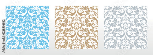 Wallpapers in the style of Baroque. Seamless vector backgrounds. Set of colored floral ornaments. Graphic patterns for fabric, wallpaper, packaging. Ornate Damask flower ornaments