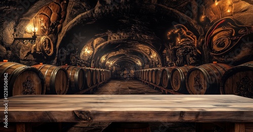 Mystic Wine Cellar: Wooden Table in an Ancient Cave with Wine Barrels