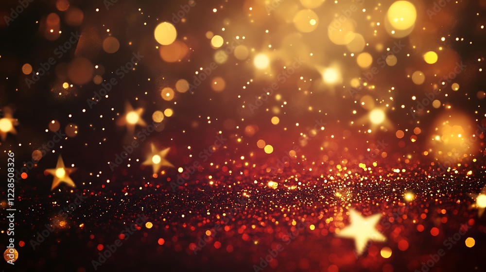 Fototapeta premium Red Gold Glitter Background With Stars