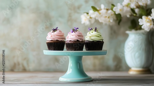 artisanal cupcake display featuring lavenderhoney dark chocolate ganache and rosepistachio flavors arranged on vintage blue ceramic stand photo