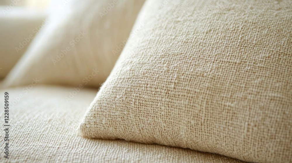 Cream textured pillows on sofa by window, cozy home interior