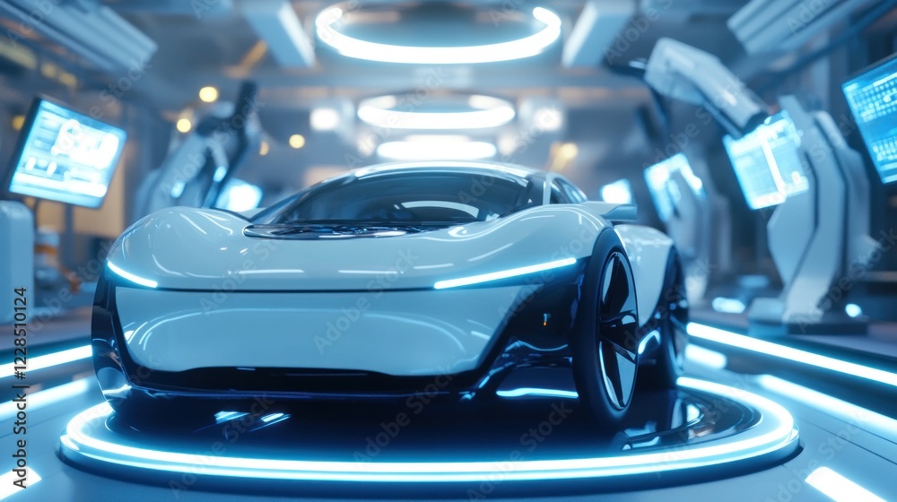 Fototapeta premium Futuristic white electric sports car on a rotating platform in a high-tech garage.