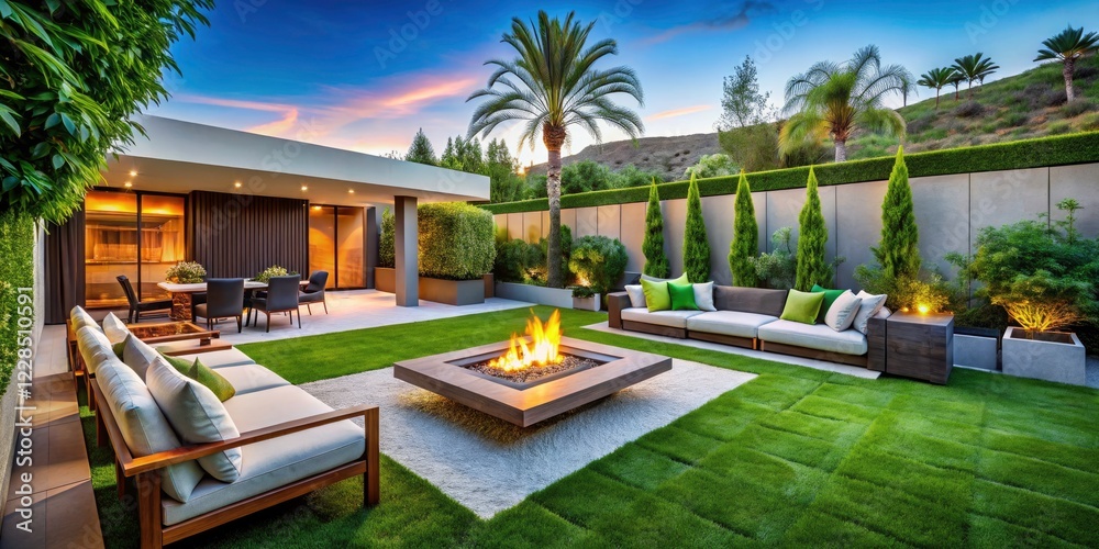 Fototapeta premium Modern Backyard Design: Artificial Grass, Fire Pit, Luxury Home Seating
