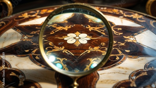Close-up of ornate wooden inlay table with magnifying glass