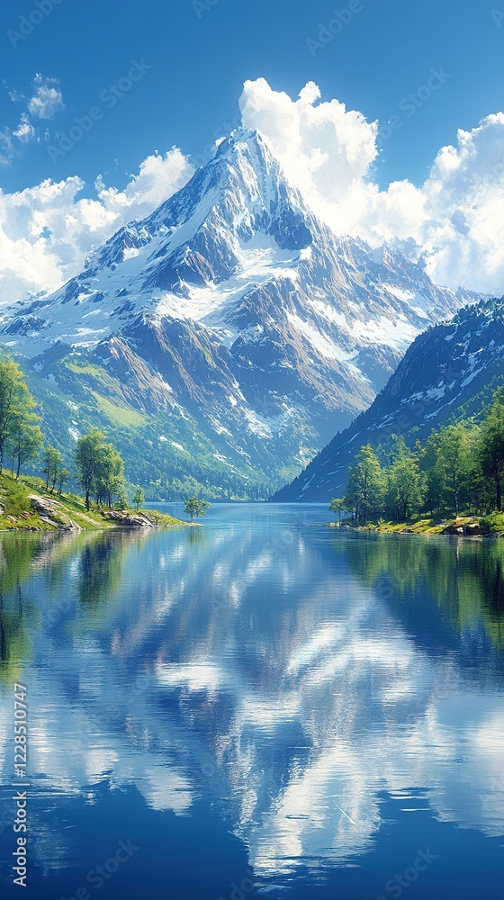 Snow-capped mountain reflecting in calm lake, trees visible, bright sky, for scenic use Snow-capped mountain reflecting in calm lake, trees visible, bright sky, for scenic use