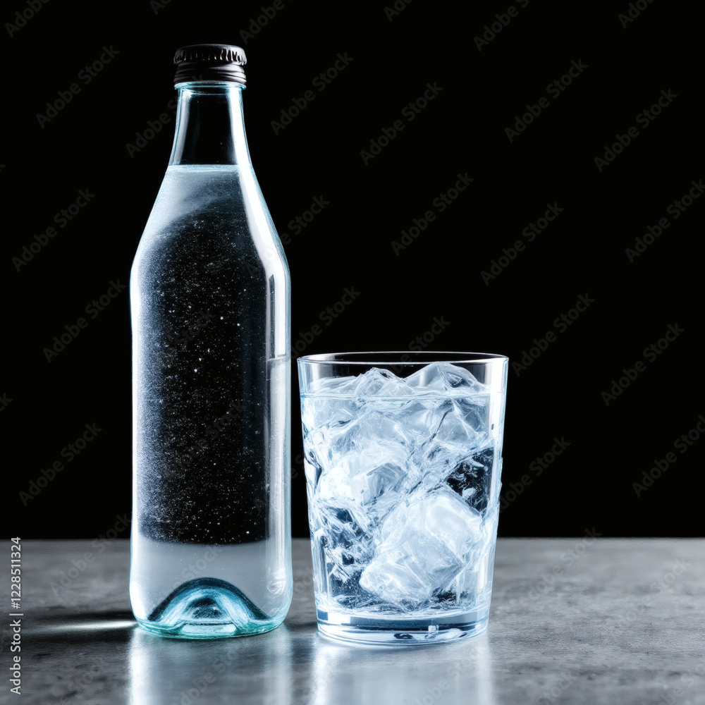 A minimalist stock photo featuring a blank glass bottle of water beside a glass of water on a clean black background. Perfect for hydration, health, and lifestyle themes. A minimalist stock photo featuring a blank glass bottle of water beside a glass of water on a clean black background. Perfect for hydration, health, and lifestyle themes.