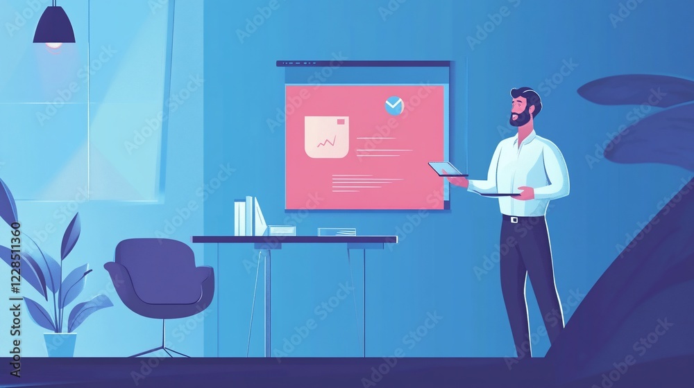 Man Presenting Business Data on Screen with Laptop in a Minimalist Office Setting Man Presenting Business Data on Screen with Laptop in a Minimalist Office Setting