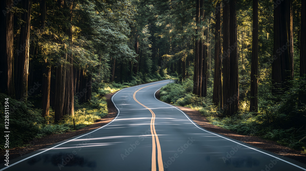 Winding Road Through Serene Forest Landscape Offers Peaceful Escape Into Nature's Beauty. Generative AI Winding Road Through Serene Forest Landscape Offers Peaceful Escape Into Nature's Beauty. Generative AI