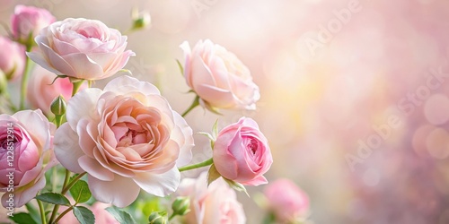 Soft focus rose blossoms against pale pink background with delicate petals and gentle hues , botanical