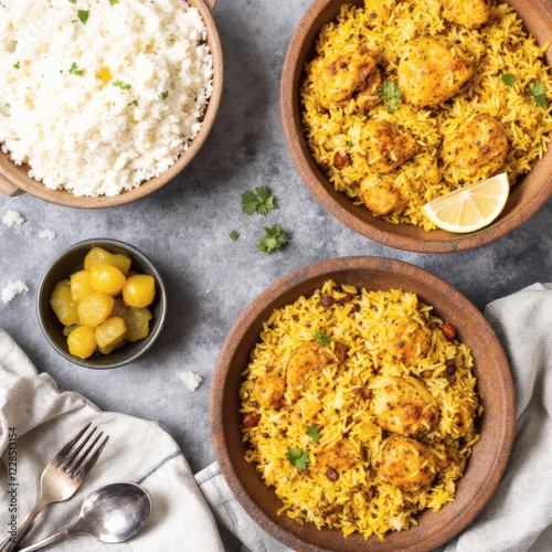 Aromatic chicken dhum biryani cooked with jeera rice and spices, served in earthenware with raitha and lemon pickle on a grey background. photo