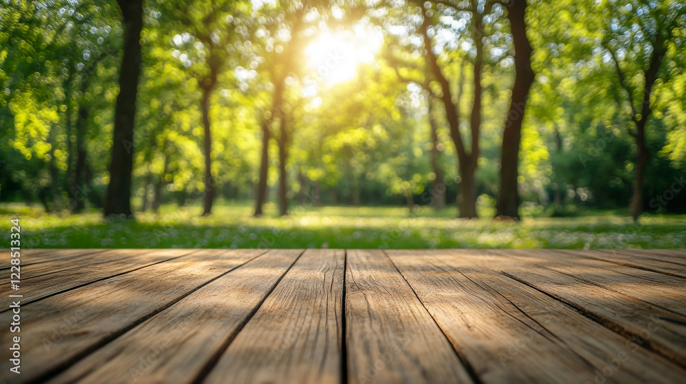 Wooden board empty table in front of blurred background. Wooden Deck with a Scenic Forest View During Golden Hour Wooden board empty table in front of blurred background. Wooden Deck with a Scenic Forest View During Golden Hour