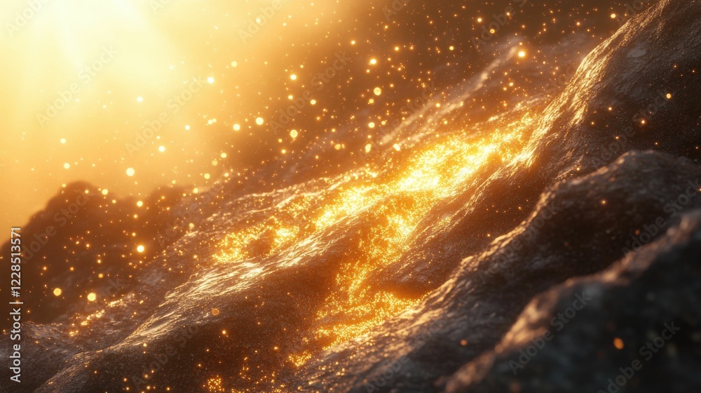 Golden particles flowing over rough terrain, fantasy landscape, Generated AI Golden particles flowing over rough terrain, fantasy landscape, Generated AI