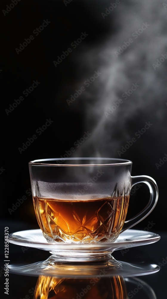 Glass mug of steaming hot tea against a dark background, elegant and warm, with steam rising Glass mug of steaming hot tea against a dark background, elegant and warm, with steam rising