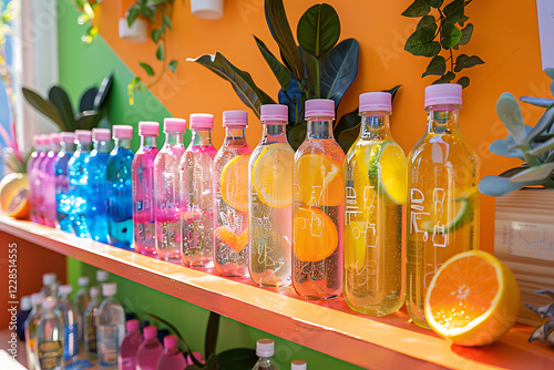 wellness event, colorful bottles, motivational quotes, and a cheerful, healthy atmosphere make the hydration stations a great place for health tips photo