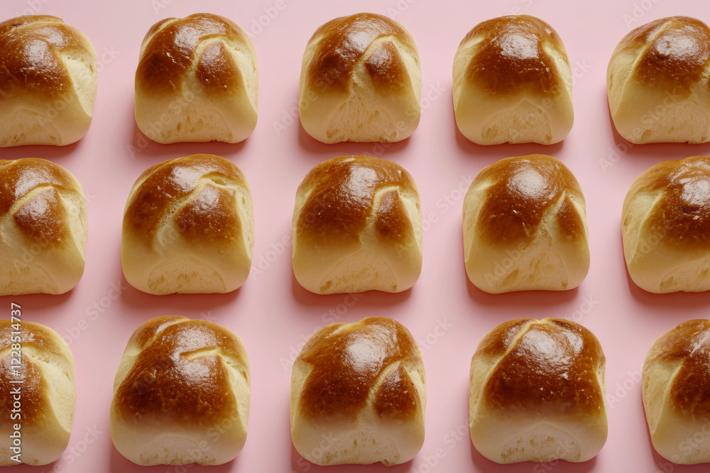 Rows of freshly baked golden dinner rolls on pink pastel background Rows of freshly baked golden dinner rolls on pink pastel background