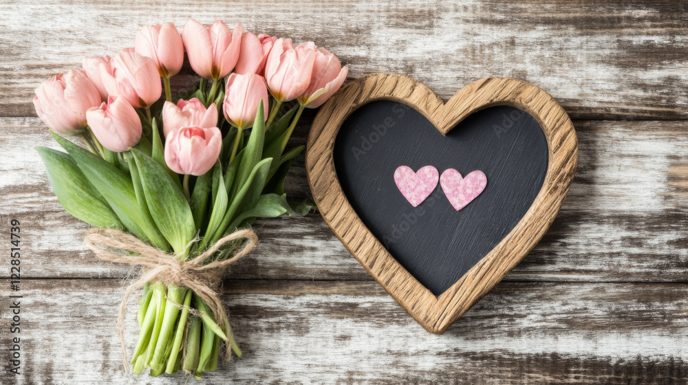 Pink tulips and heart shaped chalkboard on rustic wood background Pink tulips and heart shaped chalkboard on rustic wood background