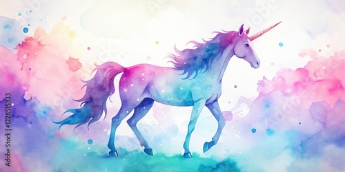 Pastel Pink Blue Unicorn Silhouette Watercolor Painting, Magical Creature Silhouette Art, Fantasy Horse Silhouette photo