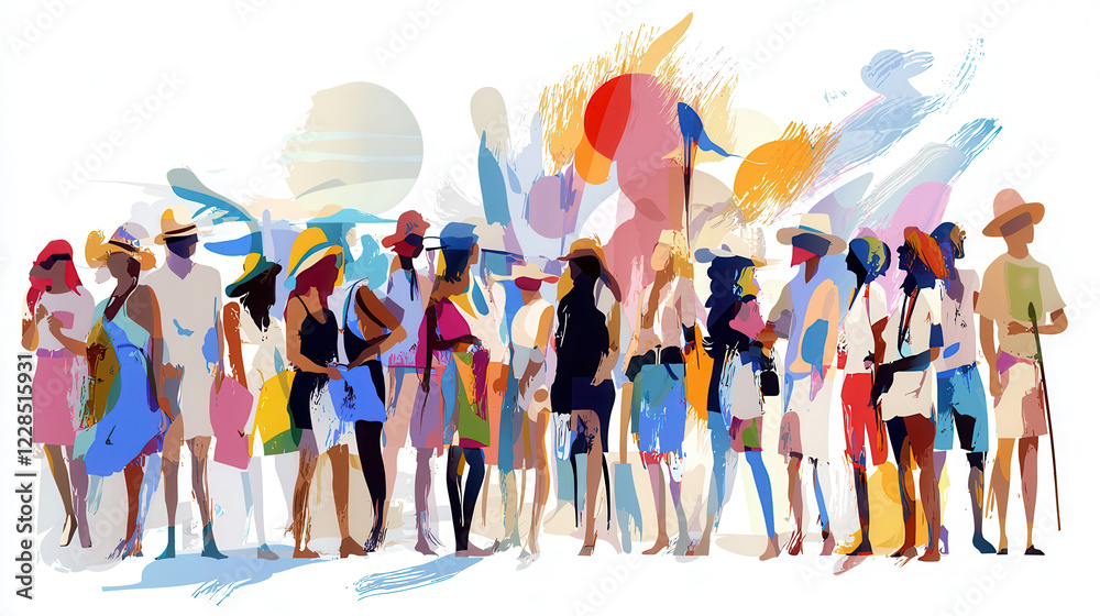 Obraz premium vibrant group of diverse individuals standing together, showcasing lively beach atmosphere with colorful attire and accessories