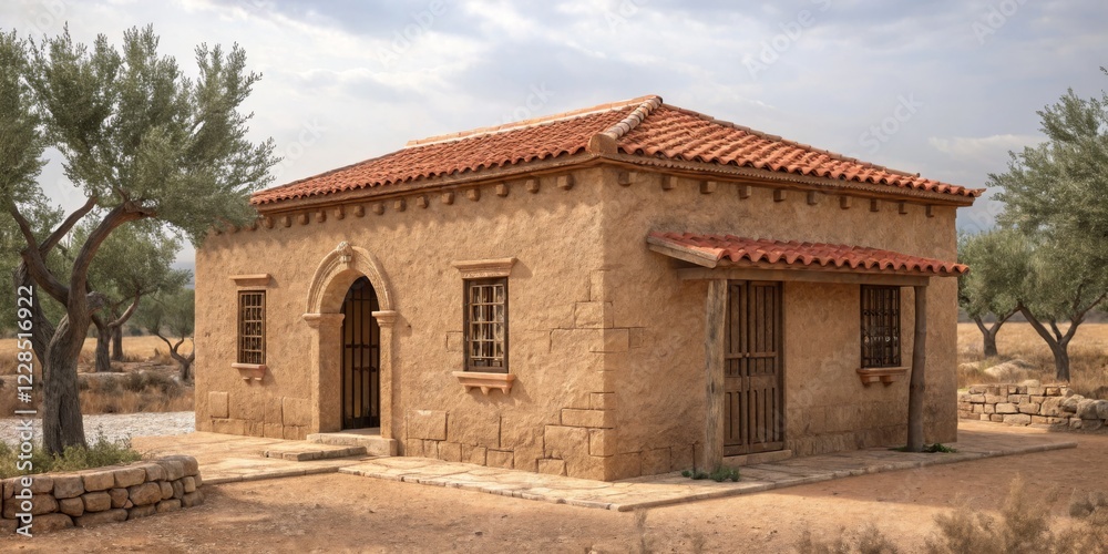 Rustic stone house surrounded by olive trees in a serene landscape at midday Rustic stone house surrounded by olive trees in a serene landscape at midday