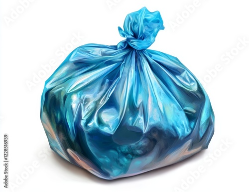 Tied blue plastic garbage bag full of trash isolated on white.