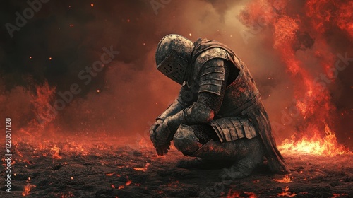 A knight in tarnished armor kneeling on scorched ground, facing a dragon as it prepares to unleash a torrent of fire. The dark background features a bleak, barren landscape under a dim photo