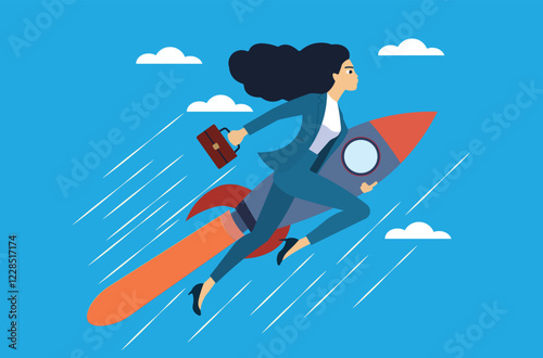 Skyrocketing to success!  Businesswoman with jetpack, symbolizing career advancement and ambition.  Leadership, woman power, and achieving goals concept.