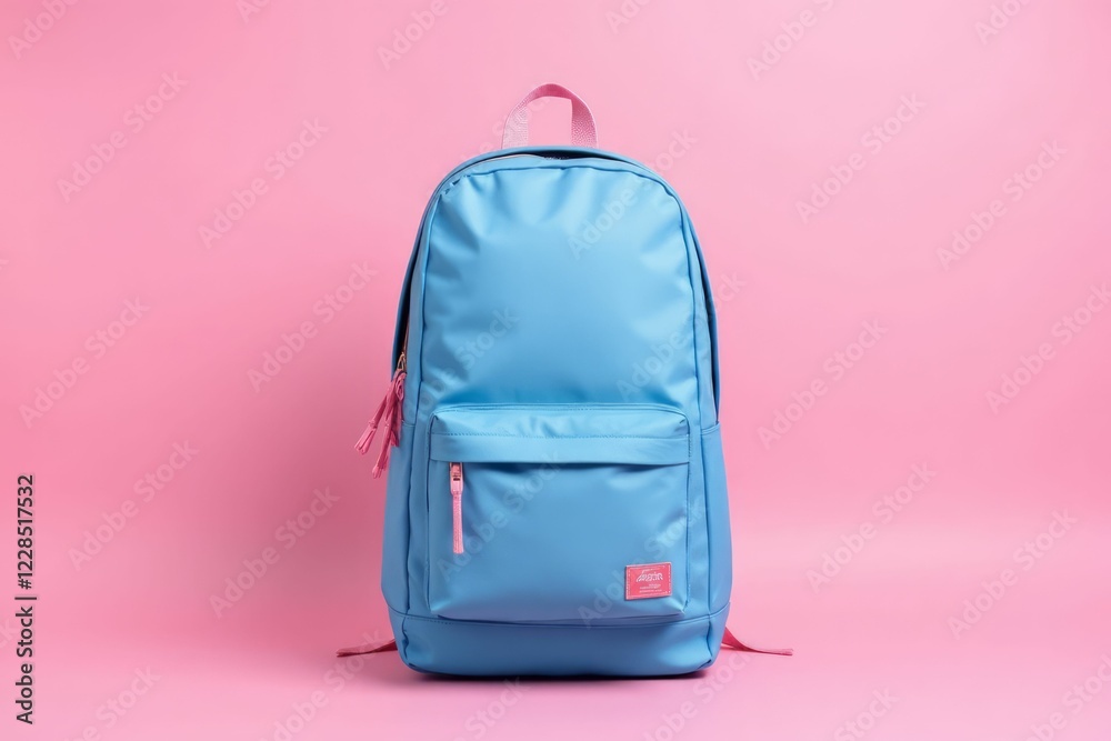Fototapeta premium Light Blue Backpack Against Pink Background